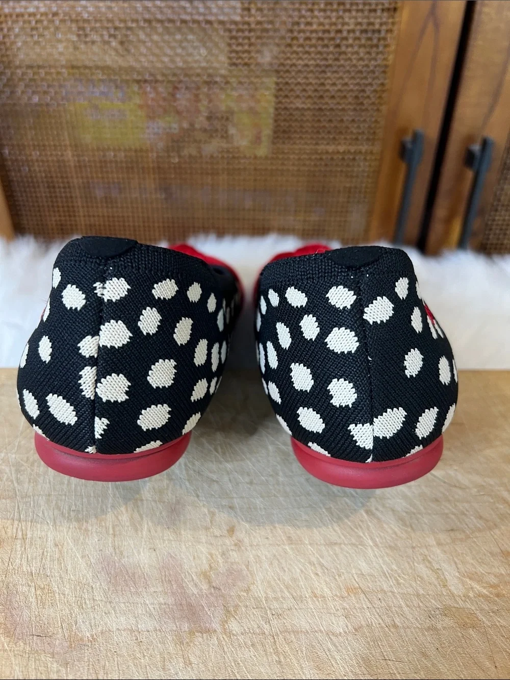 Vivaia Bibi Stretch Knit Almond Toe Ballet Flats Abstract Dots with Red Bow